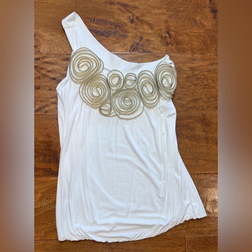 Linda Segal One Shoulder Bubble Hem Top Cream Zipper Floral XS